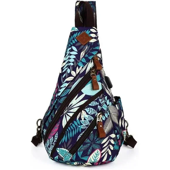 DAVIDNILE Canvas Sling Bag Crossbody Backpack Genuine Leather Shoulder Bag C